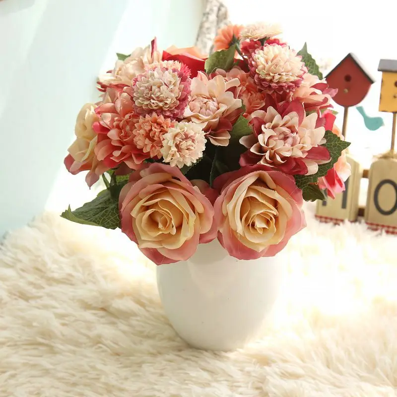 Silk Bride Bouquet Cream and baby Pink Roses Peonies Wildflowers Natural Vintage Artificial roses flowers | Дом и сад
