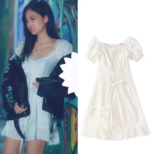 

kpop Korean Celebrity same slim one word shoulders white fairy dress women streetwear sweet off-shoulders dresses girls clothes