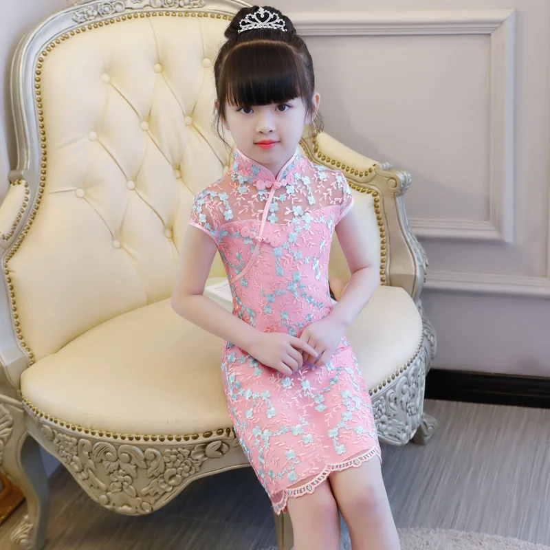 Chinese Traditional Girls Lace Embroider Flower Cheong-sam Baby Dress Summer Casual Dresses Children Perform Qipao Party Dress