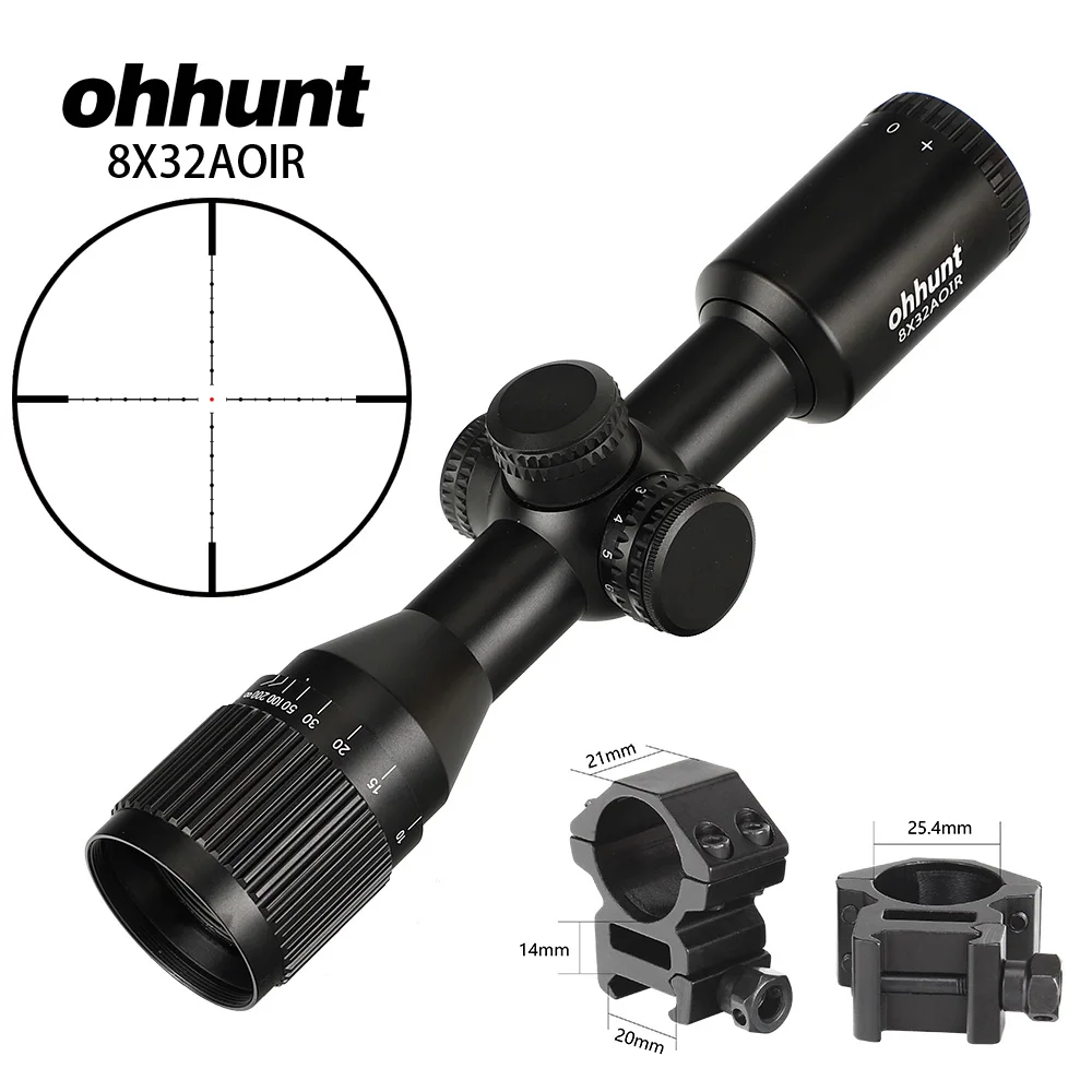 with Picatinny Rings Ohhunt 8X32 AOIR компактные охотничьи Тактические оптические прицелы Mil Dot с подсветкой, стекло, травленая сетка, башенки, сброс оптики, прицел - Цвет: with Picatinny Rings