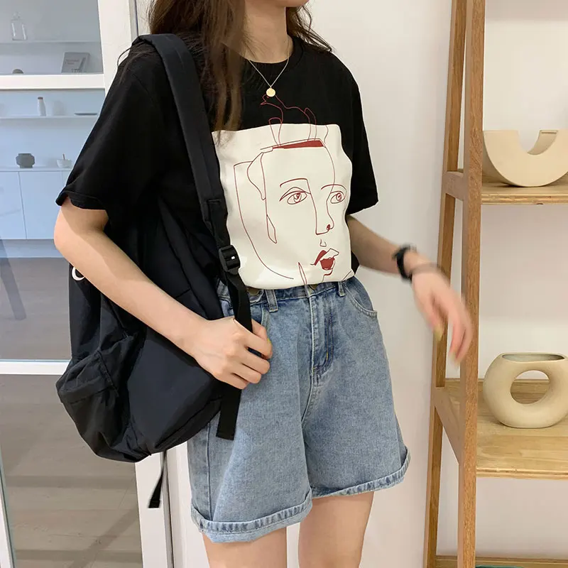 3 цвета лето 2019 корейский стиль свободные мультяшный принт базовые короткий