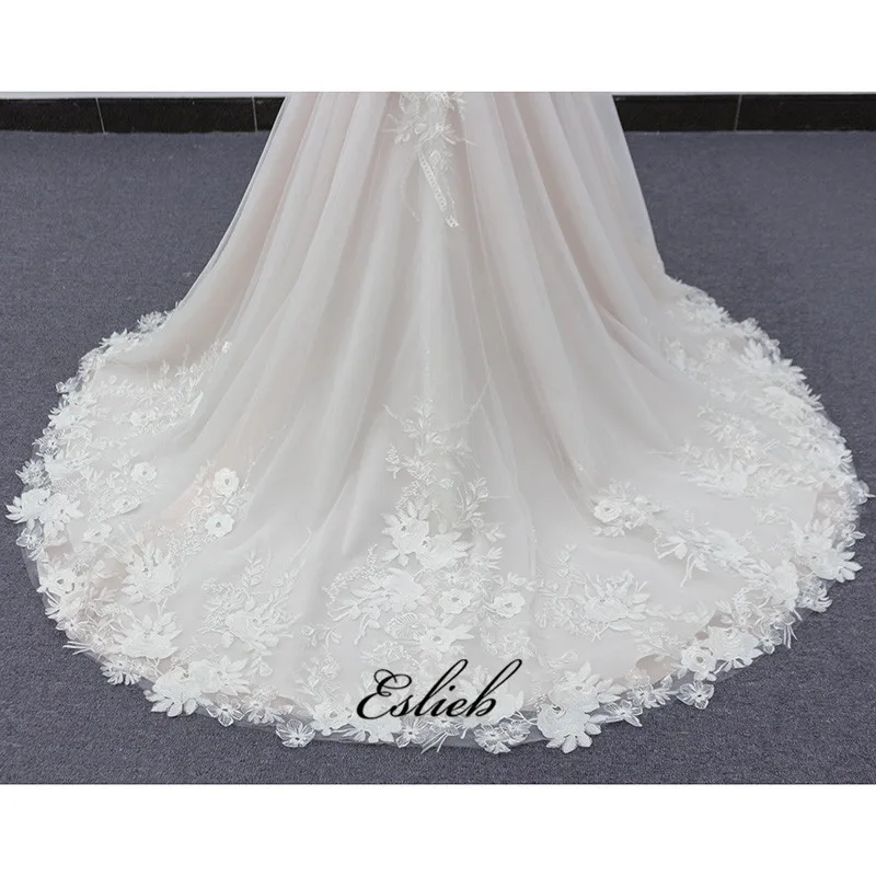 

2019 latest Vestidos De Novia Silhouette v neck flare sleeves flower embroidered pink wedding dress bridal ball gown SJ064