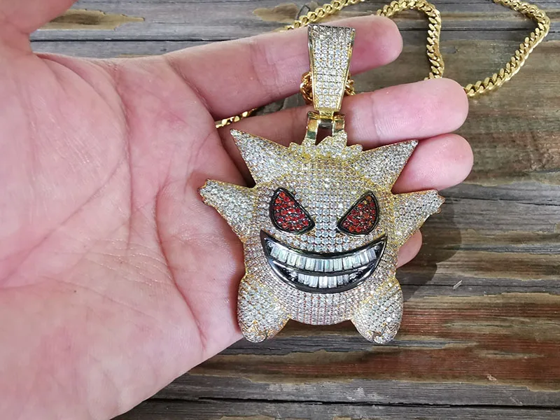 Новое поступление большая маска покемона Gengar кулон ожерелье для мужчин хип-хоп AAA CZ Циркон Bling Ice Out Rapper ювелирные изделия фиолетовый золотой серебряный