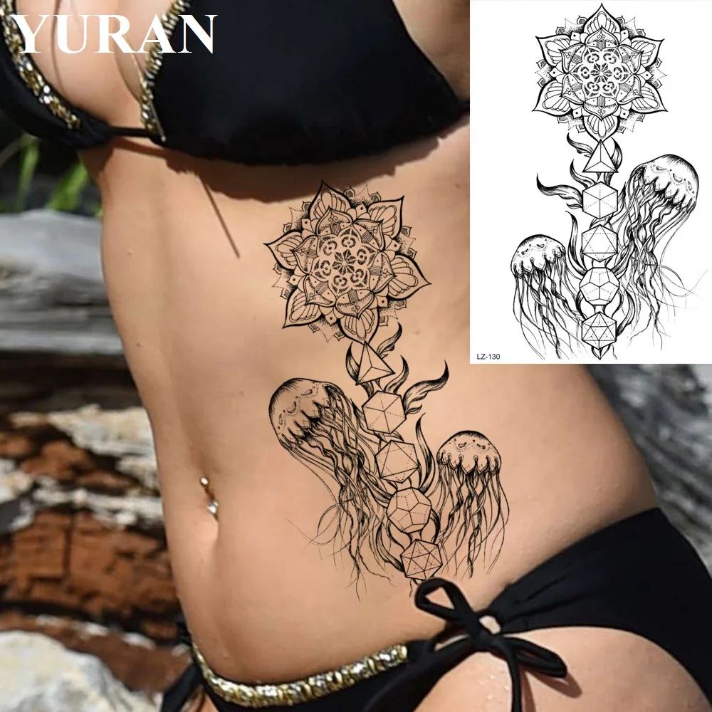 YURAN Black Waist Jellyfish Ocean Mandala Flower Tattoos Stickers Women Men Custom Tattoo Temporary Body Arm Fake Tatoos Paste | Красота и