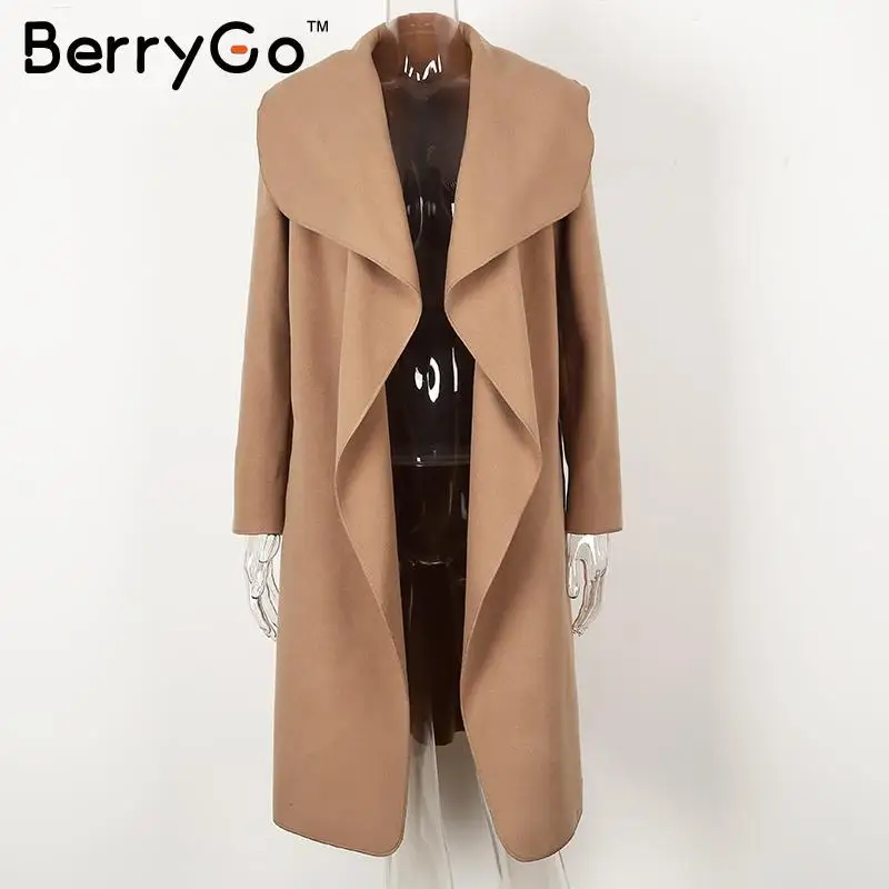 

BerryGo Warm turndown collar jacket coat Women ruffled belt black long winter coat Autumn overcoat female pink outerwear