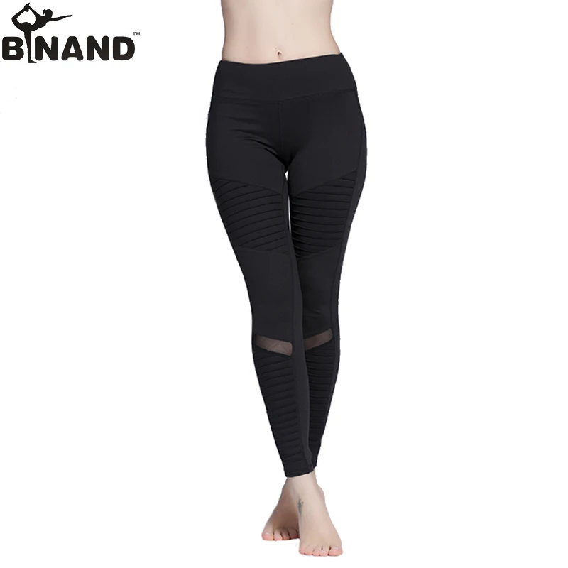 BINAND Professional Fabric Yoga Pants Solid Color Mesh Net Yarn Stitching Tight Sports Legging Quick Dry Training Fitness |