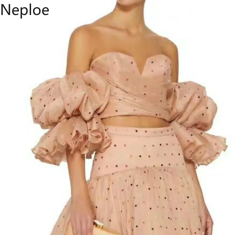 Женская блузка в горошек Neploe летняя без бретелек с пышными рукавами модные