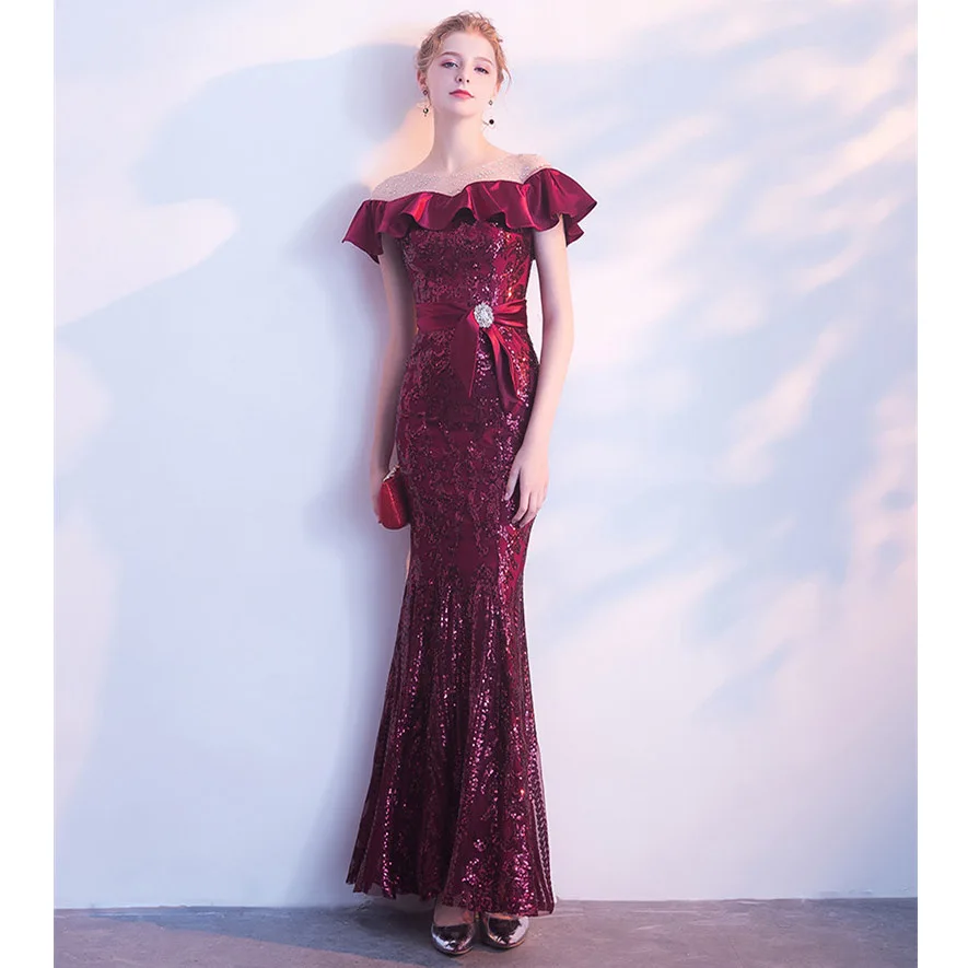 Ceewhy Бургундия оборками Выпускные платья Robe De Soiree блестками вечернее платье