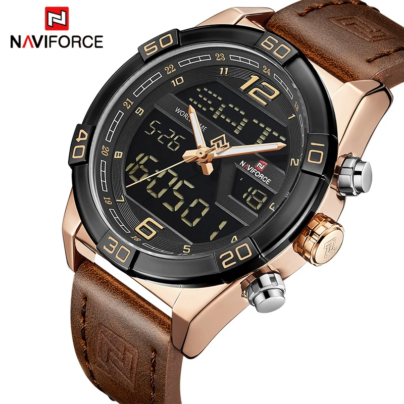 

Часы наручные NAVIFORCE Мужские кварцевые цифровые, люксовые Брендовые спортивные водонепроницаемые в стиле милитари, с кожаным ремешком