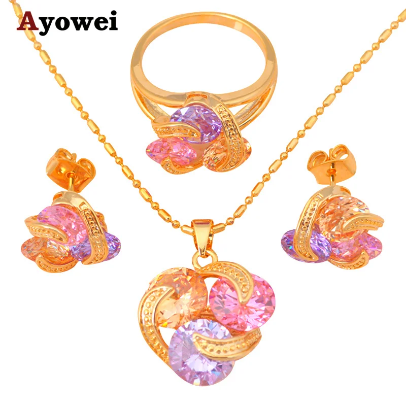 Золотой тон Цепочки и ожерелья Кольцо Серьги Цвет кристалл набор ювелирных