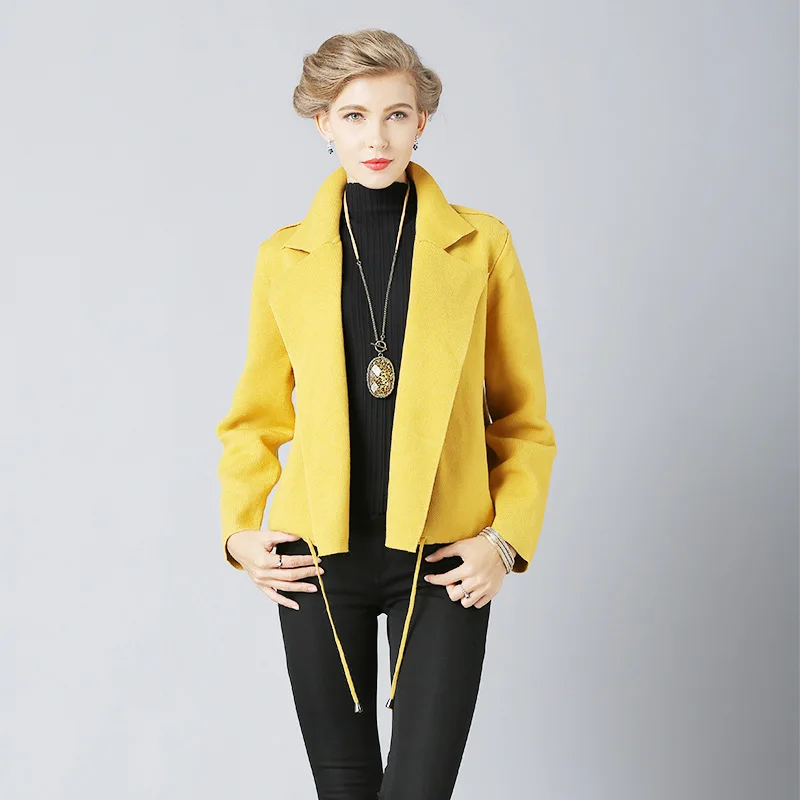 Yellow XIKOI свободный размер модные женские короткие свитера 5 цветов осенние свободные кардиганы с отворотом пальто Женский вязаный кардиган свитера куртки - Цвет: Yellow