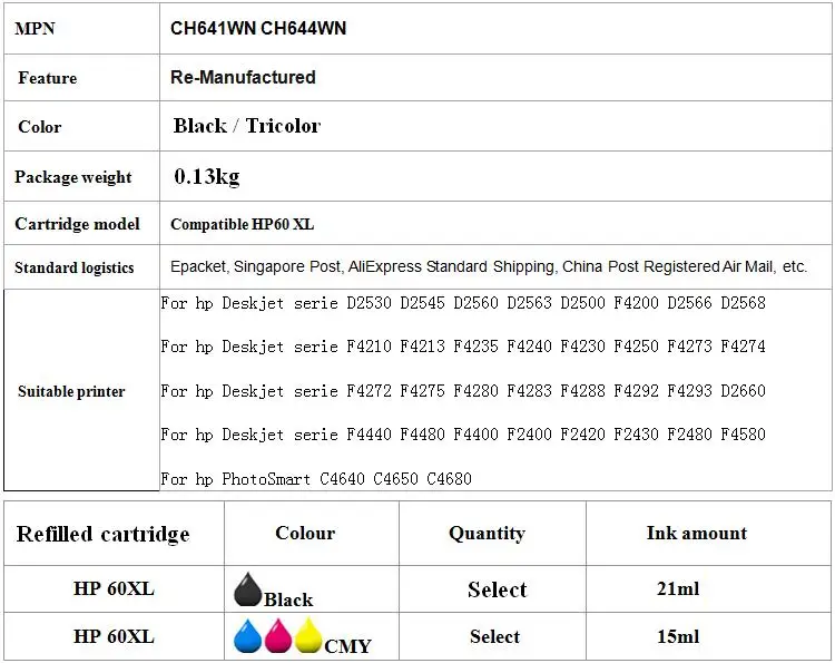 Совместимый hp 60 XL CH641WN Сменные чернильные картриджи для hp 60 принтеров серий Deskjet F4400 F2400 F2420 F4440 F4480 F2430 F2480 F4580 принтер