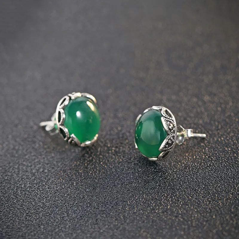 Женские серьги гвоздики из серебра 925 пробы с натуральным зеленым камнем|stud