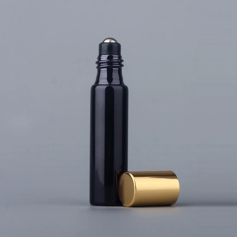 Gold Lids 100 шт./лот 10 мл флаконы для эфирных масел многоразовые черные УФ стеклянные флаконы для духов с металлическим рулоном пустые эфирные масла для путешествий - Цвет: Gold Lids