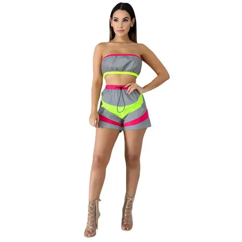 Contrast Color Fashion Woman Two Pieces Suit Hot Sexy Off Shoulder Strapless Crop Top Mini Short Pants Windbreaker Style | Женская