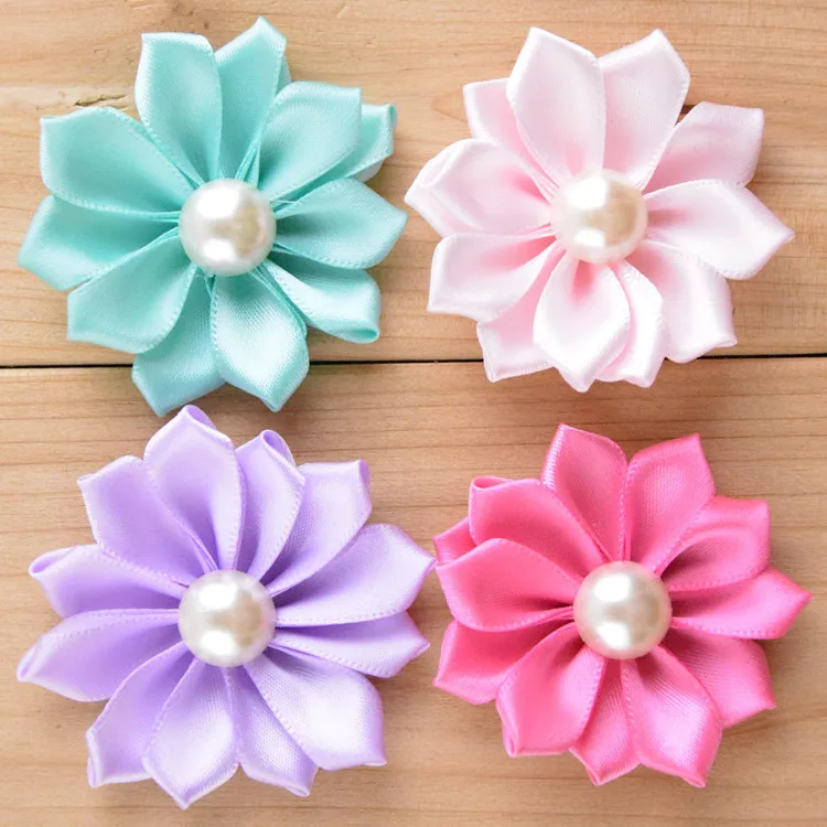 2 &quotСатиновые ленты Многослойные цветы с жемчугом аксессуары для волос девочек 20