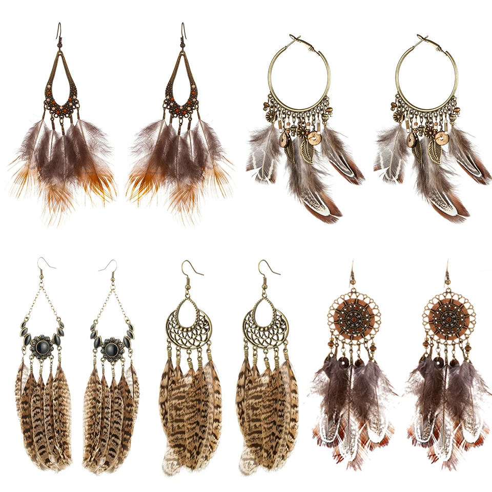 Различные богемные этнические серьги с натуральным пером для женщин винтажные