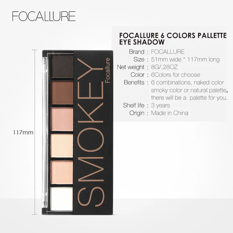 FOCALLURE 6 цветов палитры теней гламурный Smokey Eye Shadow Shimmer матовая Цвет Косметика земля