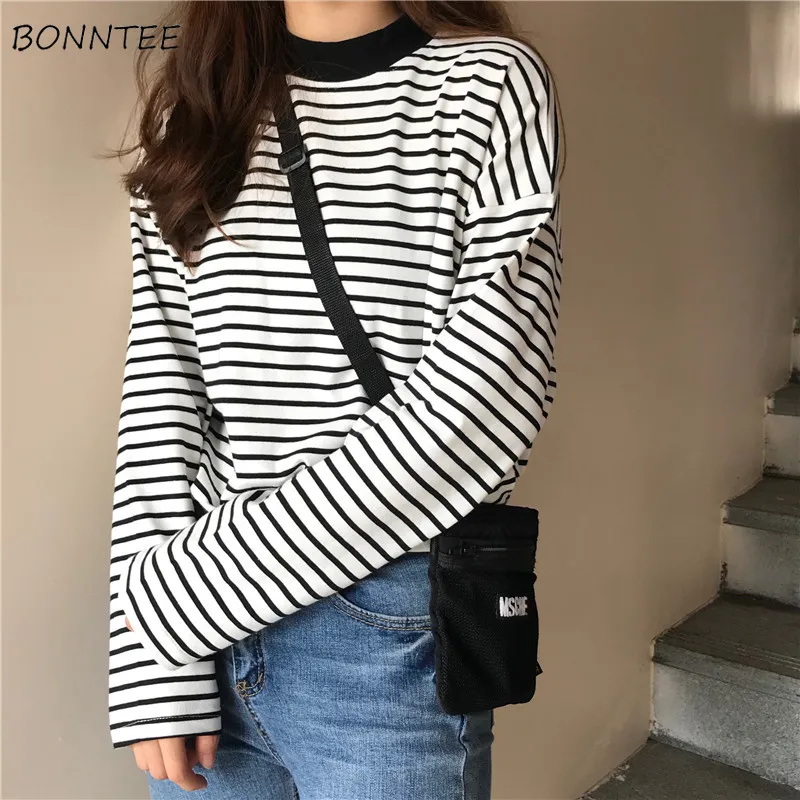 Футболки с длинными рукавами женские элегантные базовые Топы Ретро полосатые для отдыха простые студенческие универсальные корейские женские осенние модные