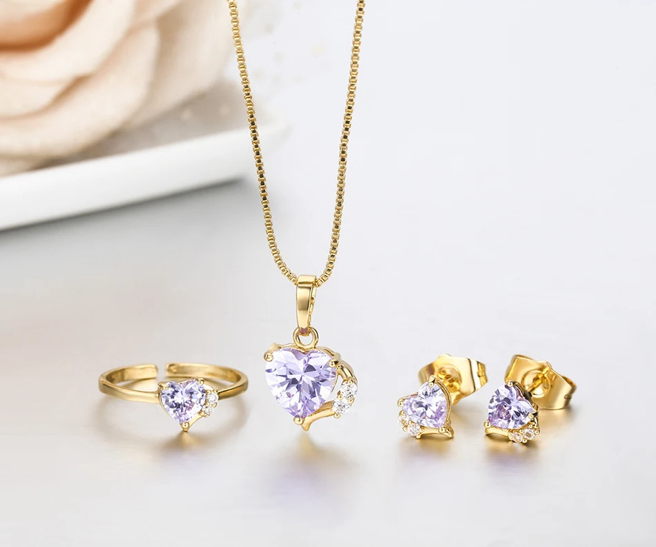 Подвеска в виде сердца фиолетового цвета кубический циркон ожерелье серьги