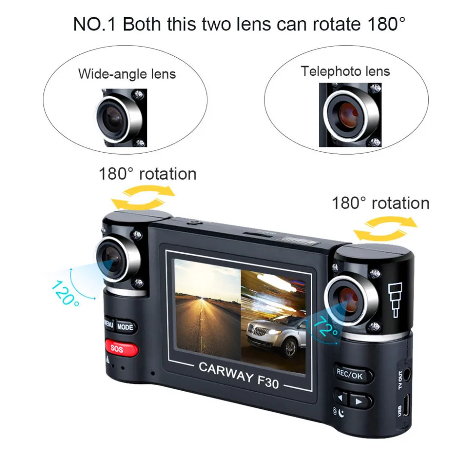 Carway F600 Автомобильный видеорегистратор 2," TFT lcd HD 1080P Двойная камера с поворотным объективом для вождения автомобиля Цифровая видеокамера ночного видения