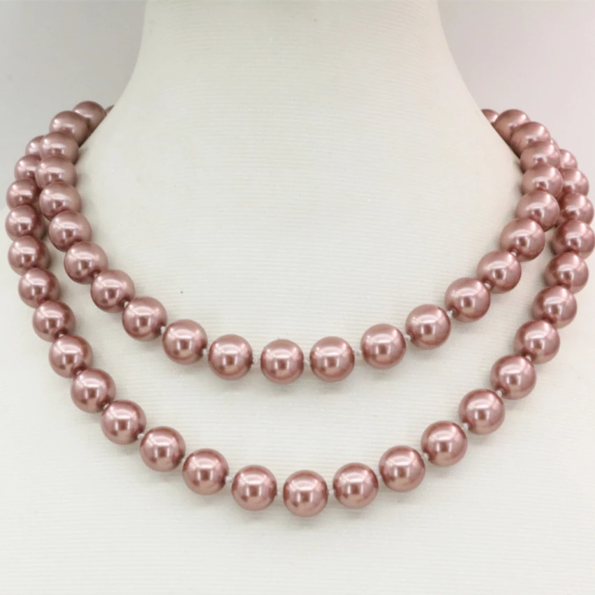 

New fashion long chain 10mm champagne shell simulated-pearl round beads charms necklace for women gift diy jewelry 32inch B3219