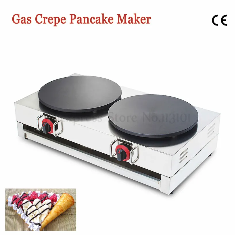 

Gas Commercial Crepe Maker 2 Heads Pancake Griddle Machine Snack Restaurant Blinis Kitchen Cooking Equipment 40cm Large Pans