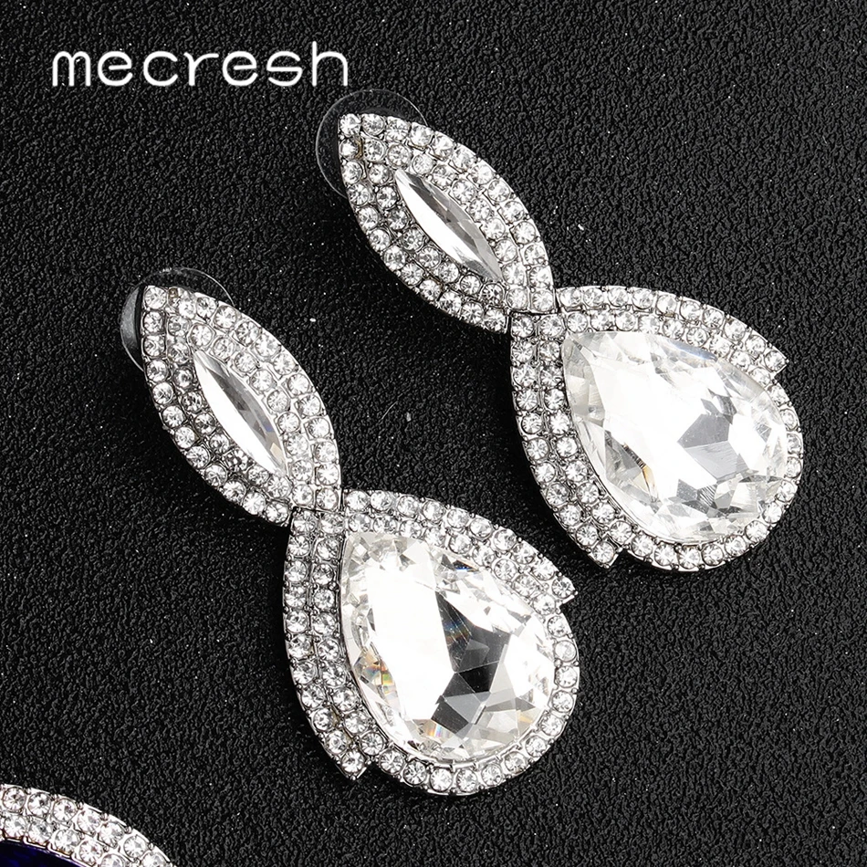 Женские серьги капельки Mecresh серебристые и синие длинные с большим кристаллом