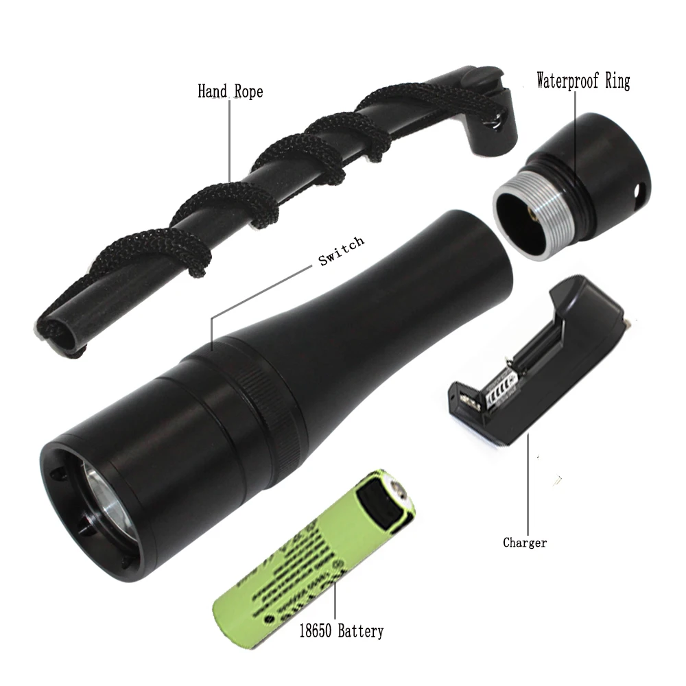 Barato Linterna De Submarinismo LED De XM-L2, Antorcha De Buceo Con Atenuación Continua, Potente Lámpara Subacuática Impermeable, Batería 18650 Y Cargador