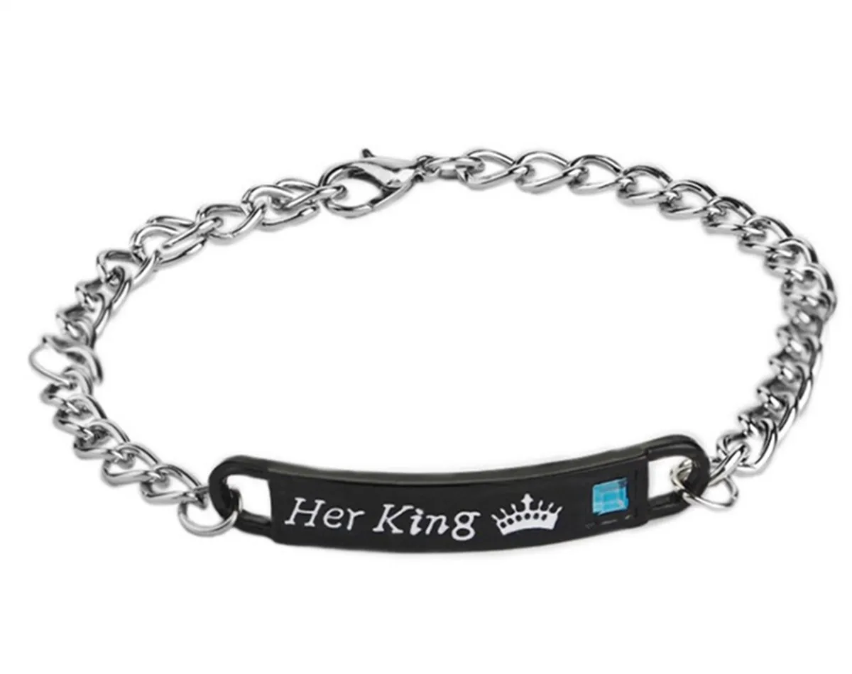 2pcs/set His Queen Her King Black Rose Gold Color Women's Male Chain Crystal Couple Bracelet for Men snap jewelry bracelet femme |