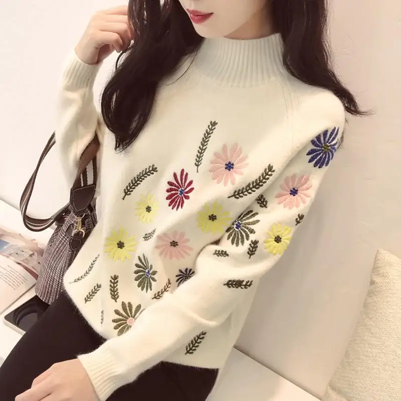 creamy white sweater Neploe осенне-зимний свитер элегантный цветочный Вышивка Pulover длинный рукав повседневный джемпер женский свободный Трикотаж Топы 37227 - Цвет: creamy white sweater