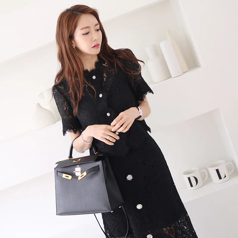 2019 Летний Новый женский кружевной комплект с коротким рукавом однобортный белый