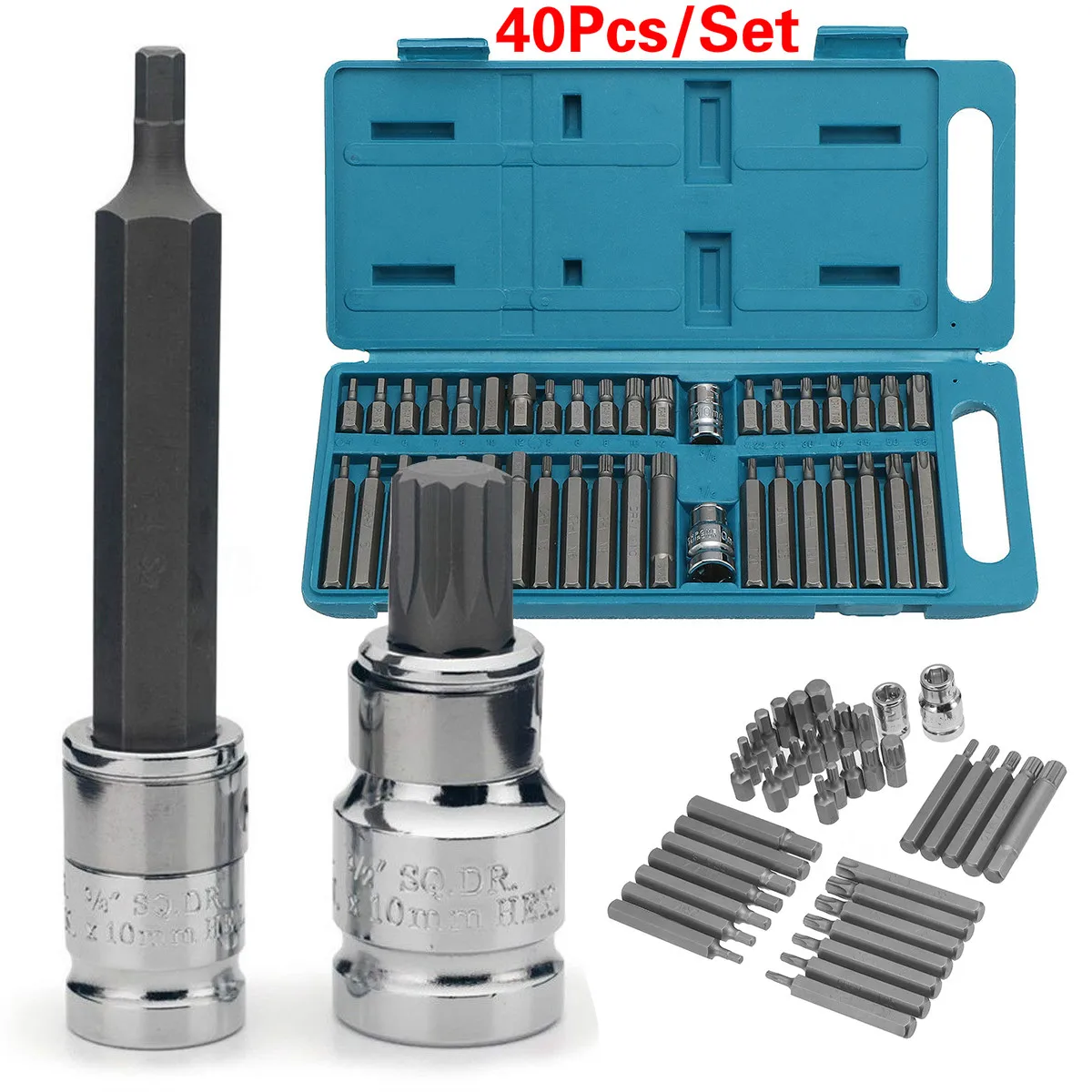 40Pcs 40 шт. 1/2 ''3/8'' адаптер привода шестигранный хвостовик Torx XZN сплайн звезда набор ударных насадок Метрическая гаечная головка набор трещотка Драйвер гнездо гаечный ключ - Цвет: 40Pcs