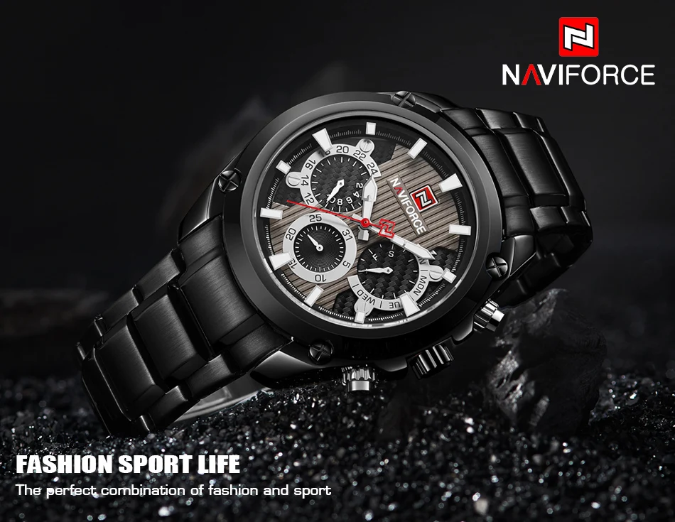 Новые модные мужские часы Naviforce Militray спортивные кварцевые часы 24 часа с датой мужские часы полностью стальные водонепроницаемые мужские наручные часы