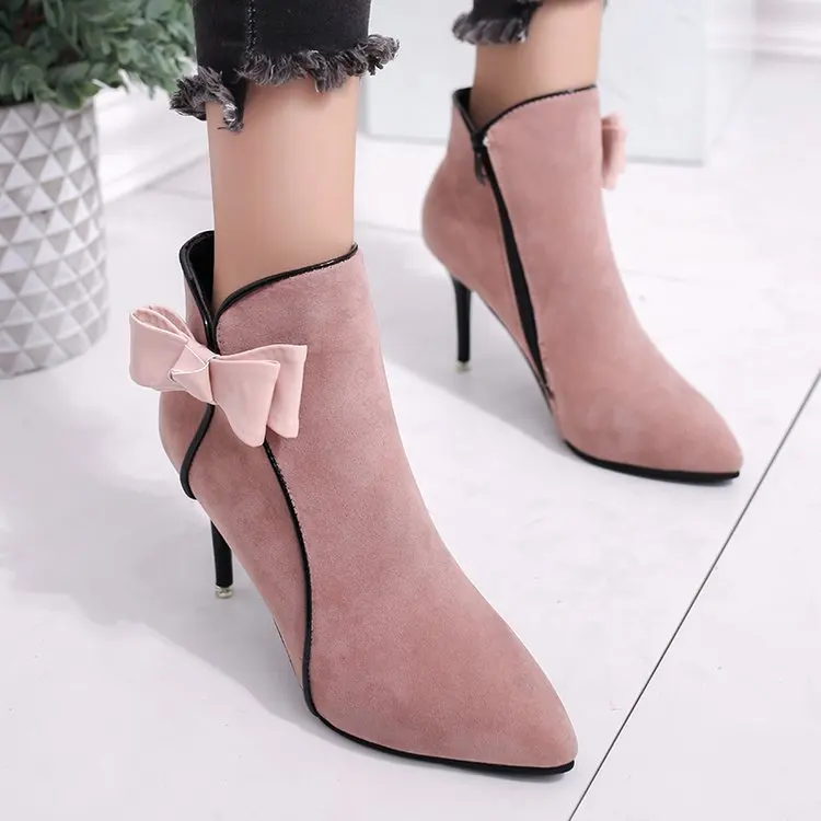 2017 г. Новые Осенние Замшевые полусапожки на высоком каблуке с острым носком