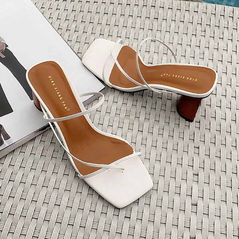 ElisabetTang Vintage Square Toe Sandals Women Narrow Band High Heel Women Sandals Simple Classic Elegant Slip on Beach Sandals