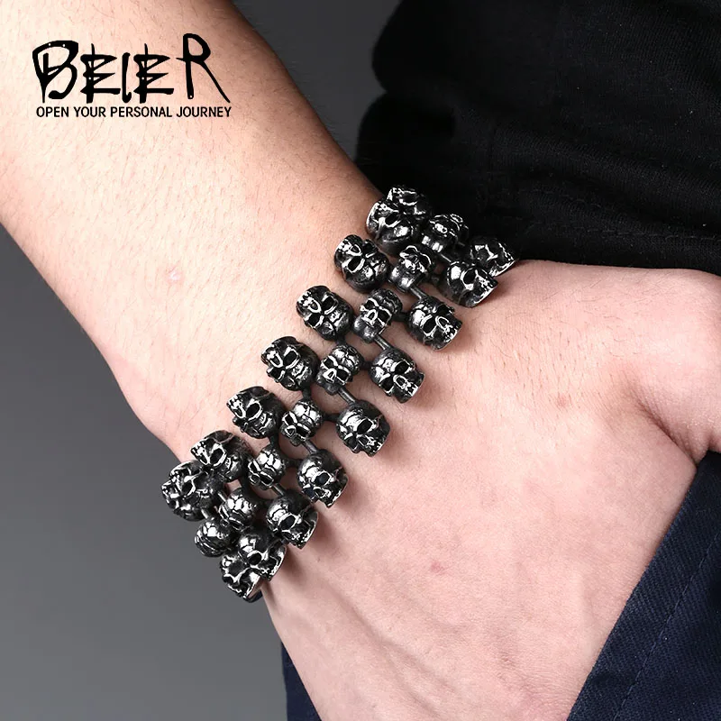 

BEIER Cool Unique Heavy Metal Skull Bracelet Stainless Steel High Quality Biker Punk Charm Bracelet BC8-008