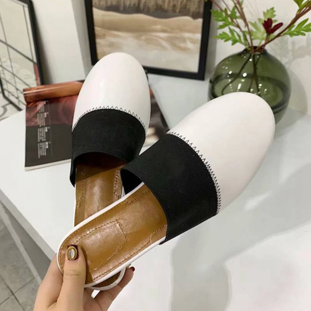 Women's Shoes Covered Toe Mules Genuine Leather Loafers Round Toe Casual Shoes Top Quality Slippers Outdoor Ladies Shoes