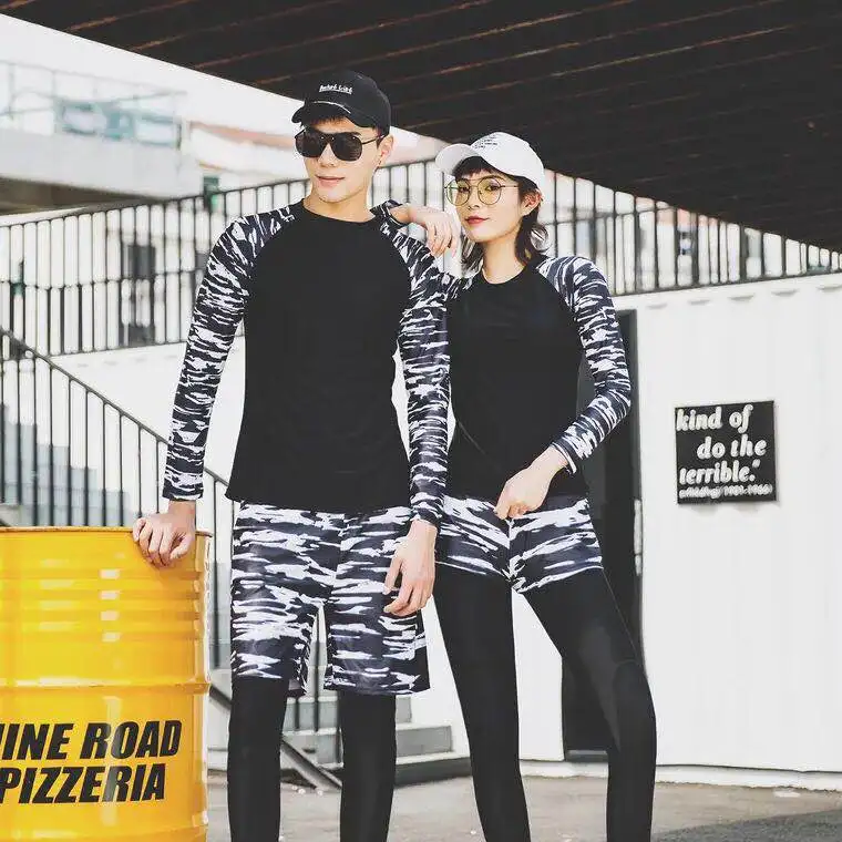

2019 NewTight Three Piece Swimsuit Female Male Separate Long Sleeve Swimsuit For Sport Style Floral Design Swimming Shorts Women