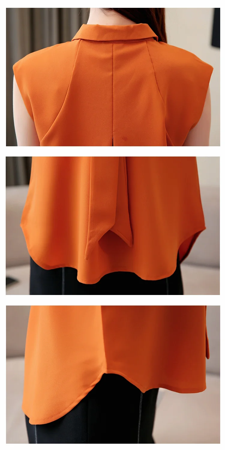 Женская шифоновая блузка без рукавов белая рубашка с бантом и V образным вырезом