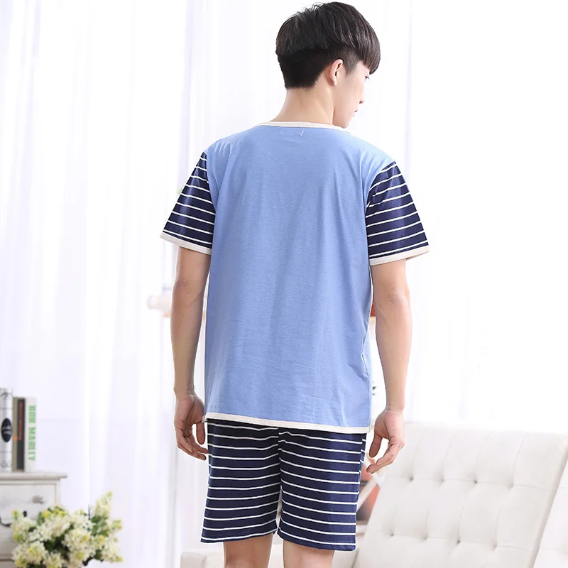 1077 Для мужчин летние пижамы с рисунком кошки синий топ + Полосатые укороченные