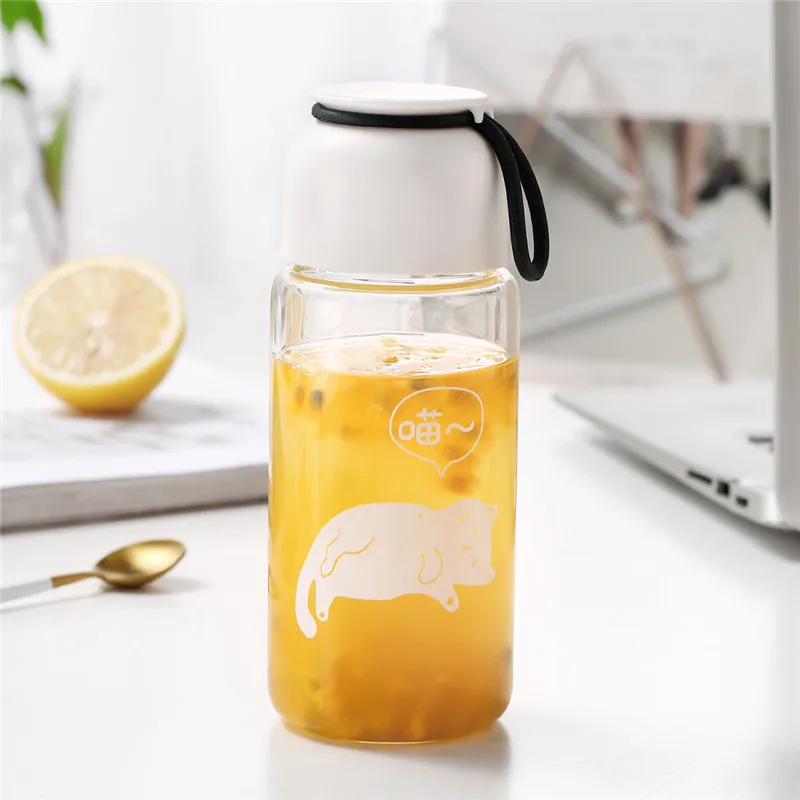 Кошка кружка бутылка для воды с веревкой герметичная стеклянная бутылка для воды посуда для напитков прозрачные бутылки для воды милые Анима спортивный фруктовый тумблер