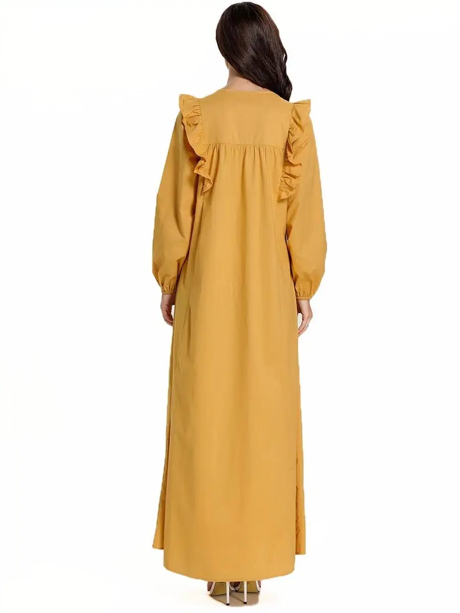 Abaya/длинное платье с вышивкой и оборками; женские мусульманские Длинные вечерние платья; jilbaw; исламский кафтан; одежда с круглым вырезом и длинными рукавами; свободное Повседневное платье