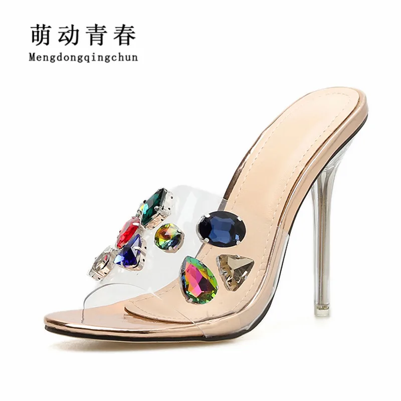 Женские шлепанцы на высоком каблуке соблазнительные разноцветные со стразами