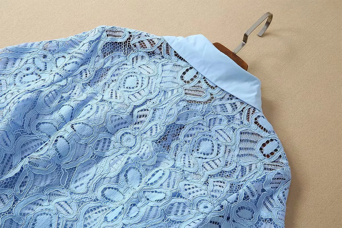 Women girls elegant blue glitter lace dress midi floral hollow out short sleeve summer shirt dresses