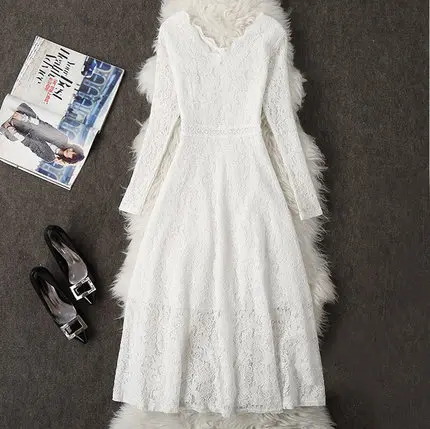 2018 осеннее женское кружевное платье с длинным рукавом большой размер M 3XL