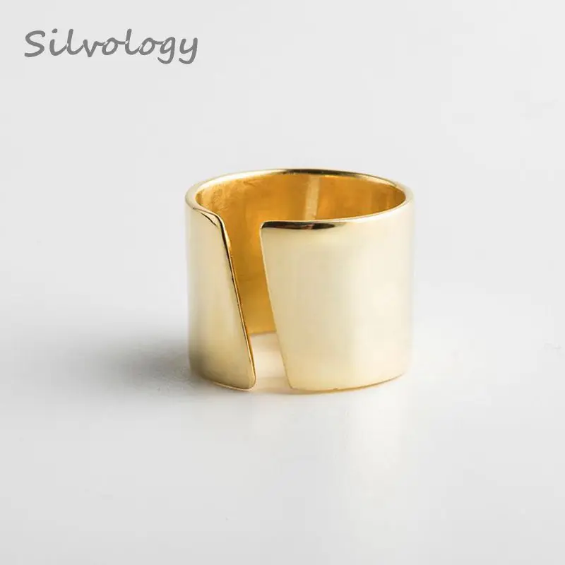 Silvology стерлингового серебра 925 глянцевые широкие кольца Золотая текстура открытые минималистичные кольца для женщин летние модные ювелирные изделия Шарм