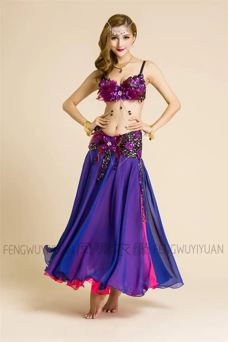 Bellydance/осенний комплект одежды из 3 предметов (бюстгальтер + юбка пояс) с перьями
