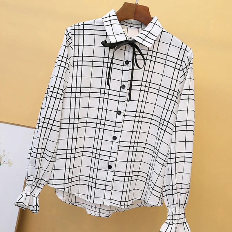 2019 весенние клетчатые блузки женские рубашки с длинными рукавами шифоновые для