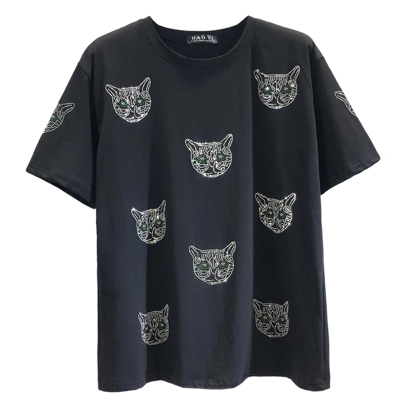 

2019 New Summer Fashion Loose Short Sleeve T-shirts for Women Cartoon Cat Face Hot Drilling Cotton Basic Top Students Tshirts